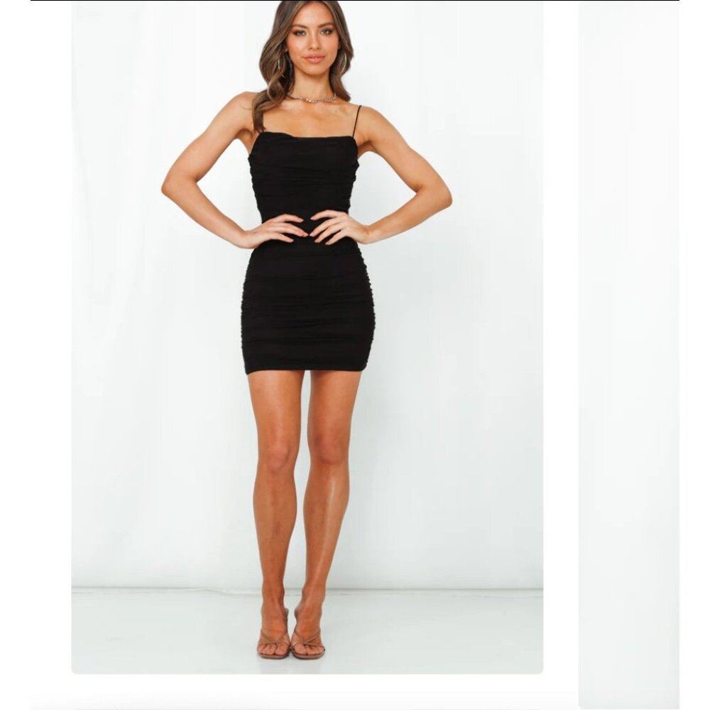 Hello Molly Dine and Dash Dress Womens Small Black Ruched Bodycon Mini Party